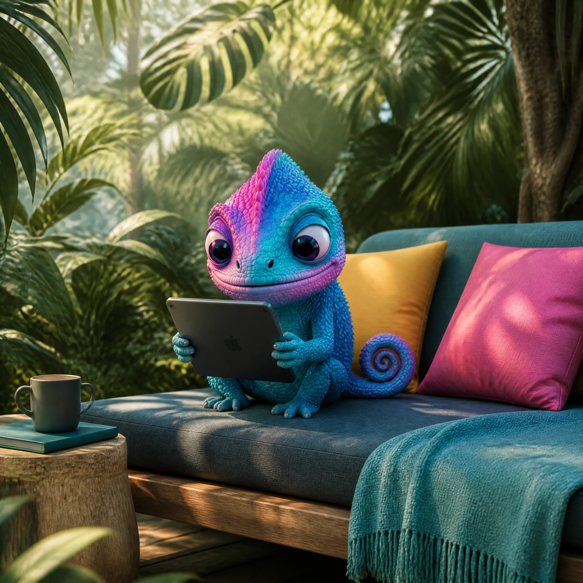 The ORVA chameleon relaxing on the sofa, reading its monthly report on a tablet